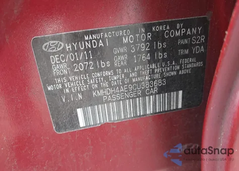 2012 Hyundai Elantra Gls (Ulsan Plant) z USA, uszkodzony, nr VIN KMHDH4AE9CU383683